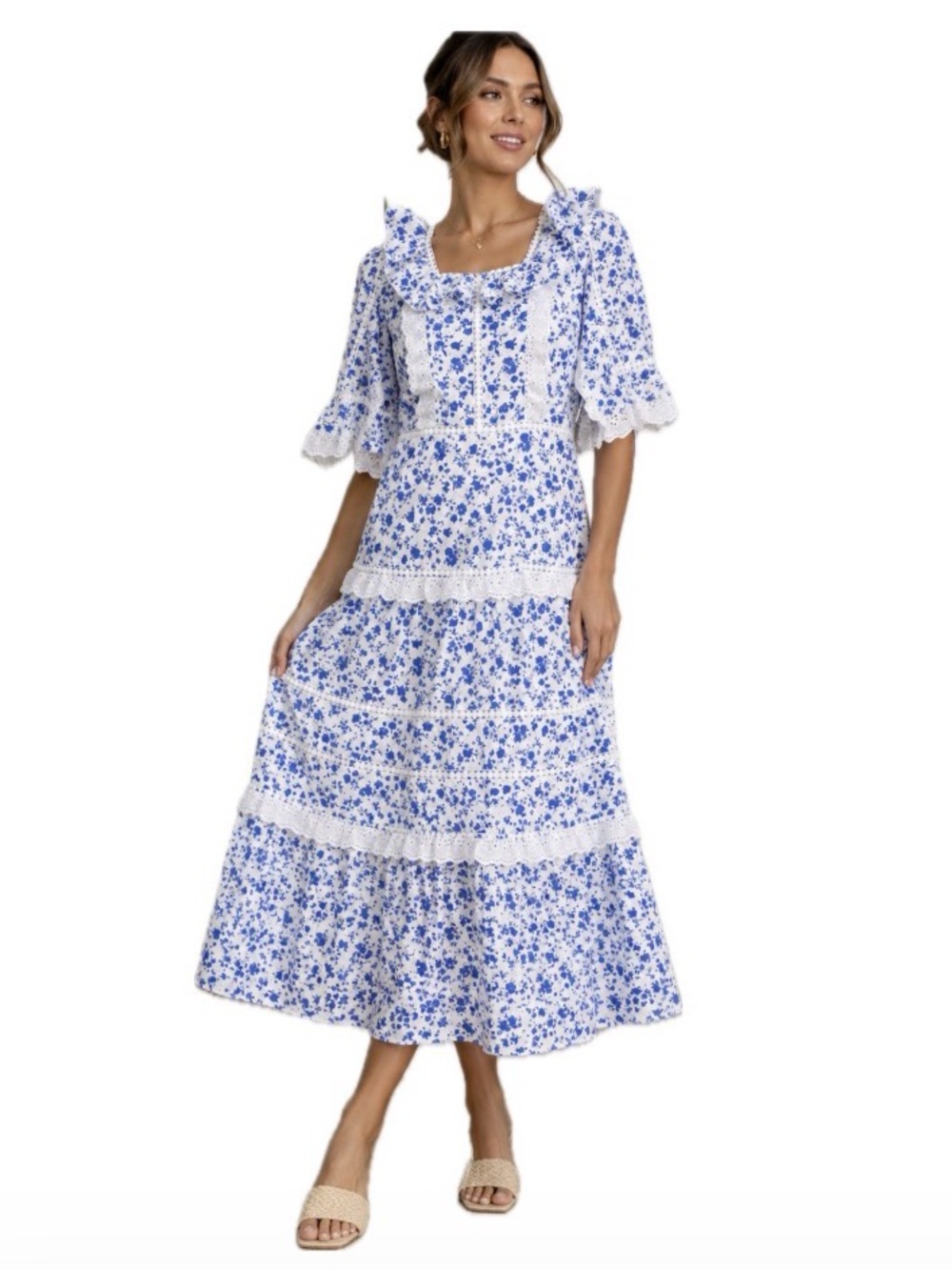 C Wonder,  By Christian Eyelet Ruffle Midi Dress, Size M